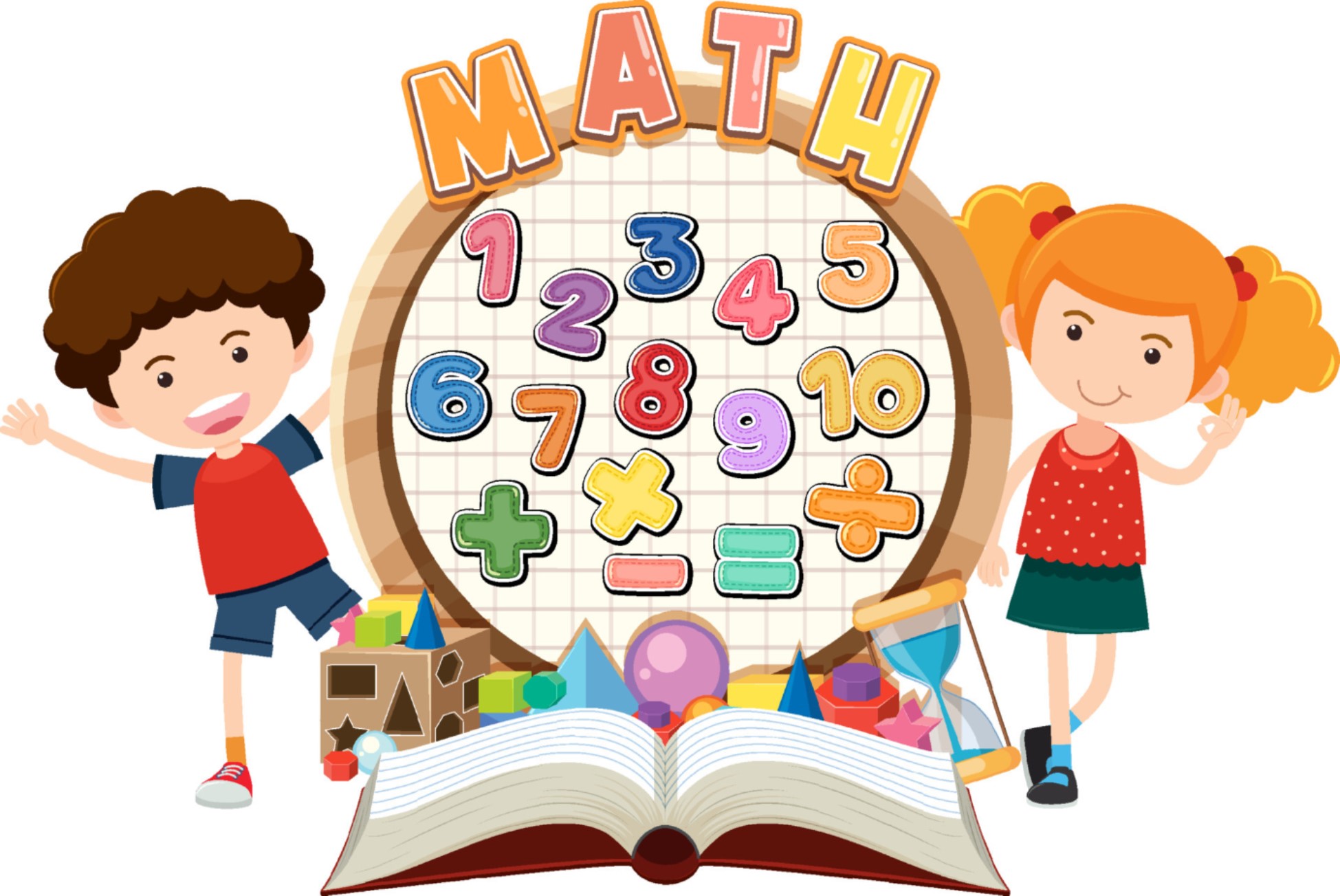 A boy and girl standing next to math symbols and an open book. 