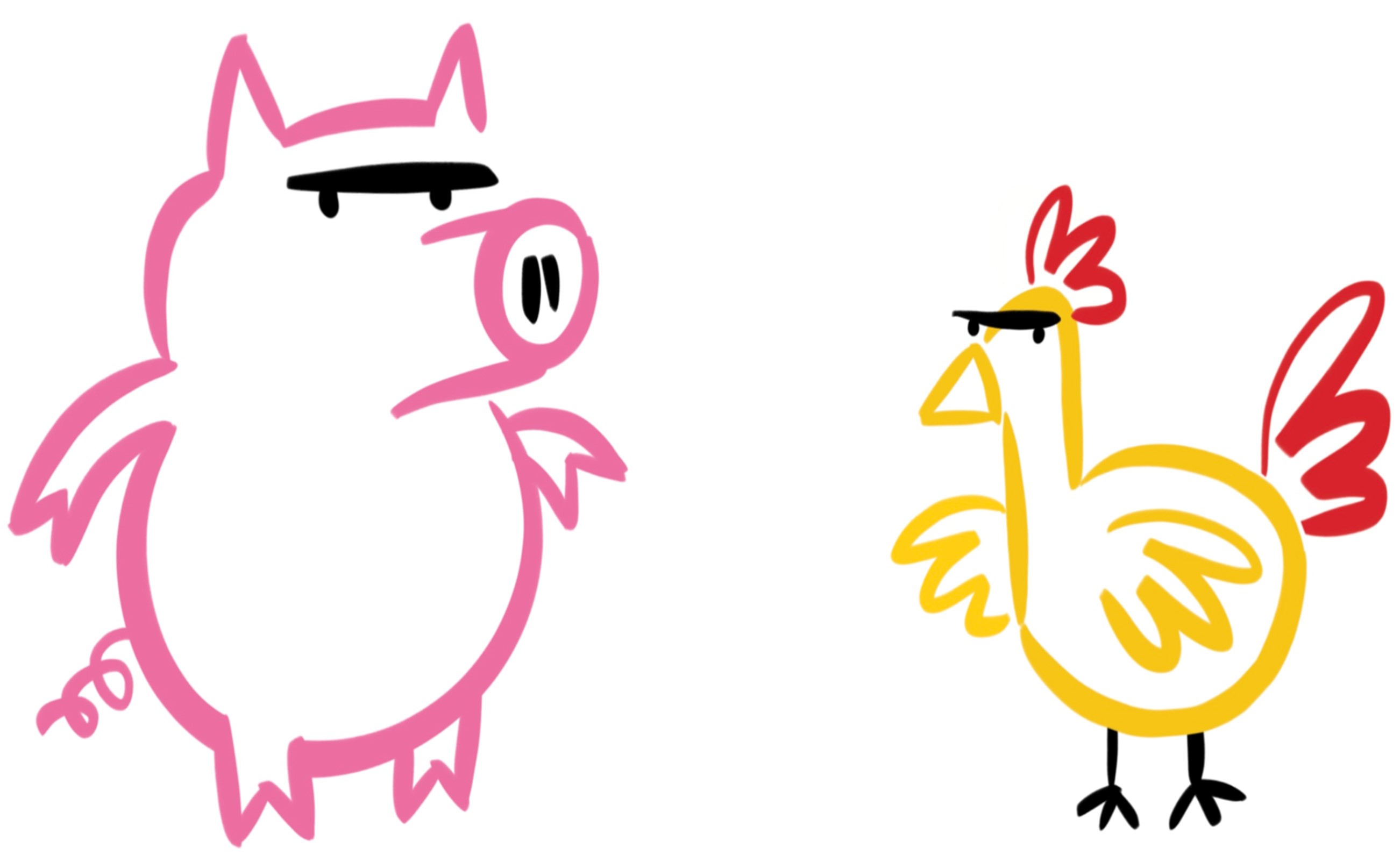 Drawing of an angry, pink pig and an angry, yellow chicken with a red tail.