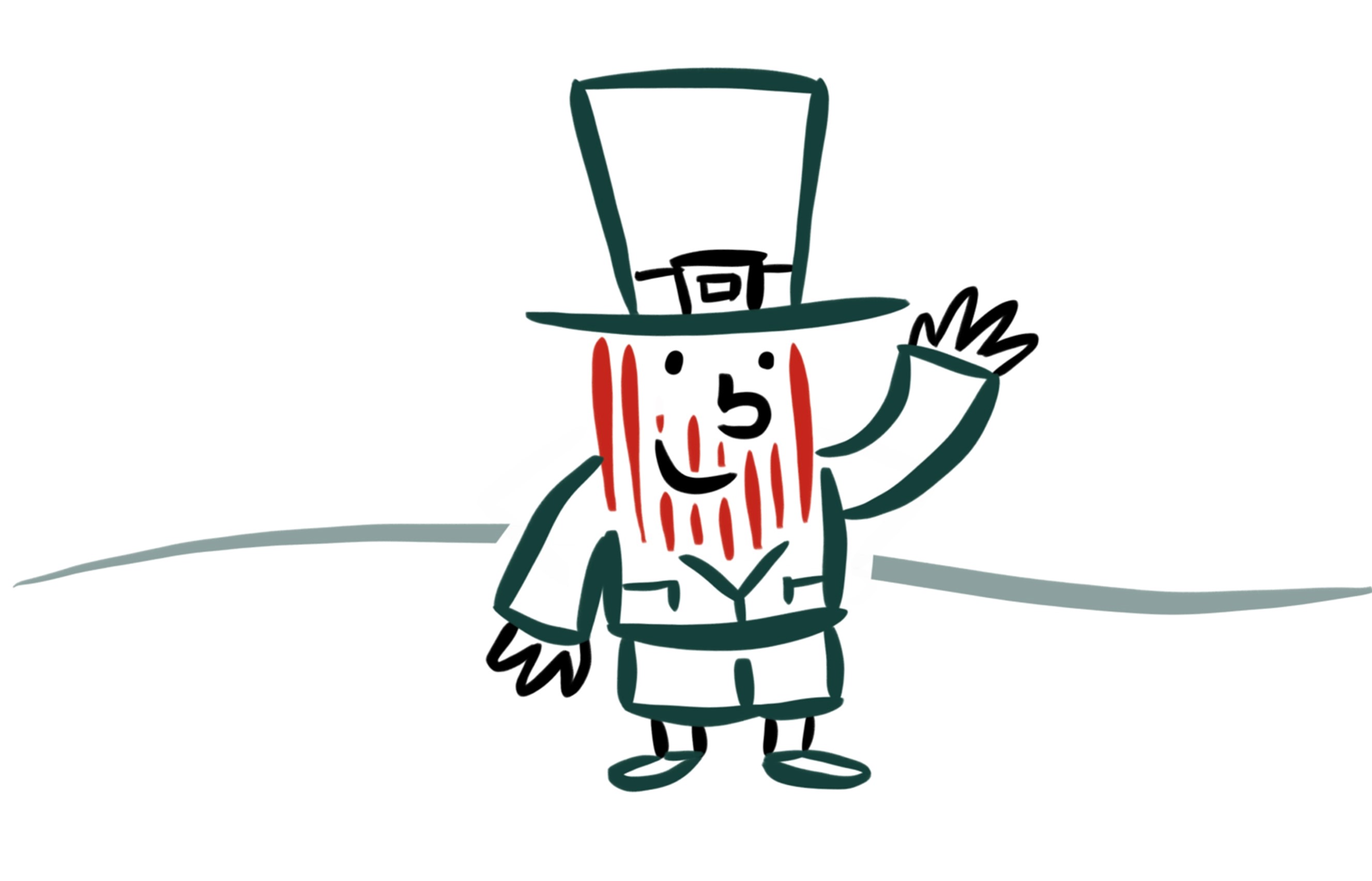 Drawing of a leprechaun, with red hair and beard, waving. 