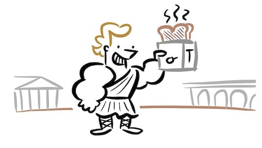 Drawing of a toga clad strongman holding a toaster with ancient ruins in the background. 