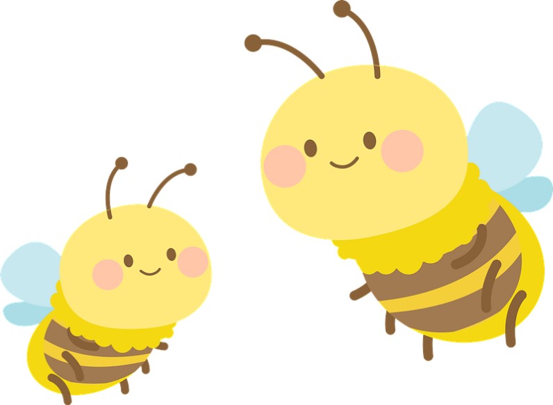 Two yellow bees with brown stripes and antennae. 