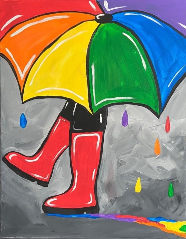 Colorful umbrella with a person holding it. Only the person's black pants and red rain boots show below the umbrella. 