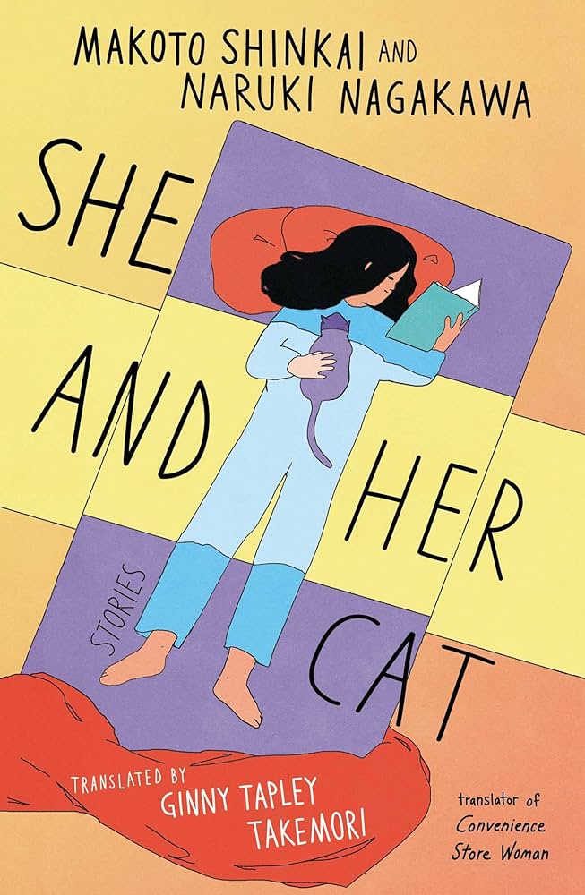 Illustration of a teen girl lying on a bed with a cat. The girl is reading a book. 