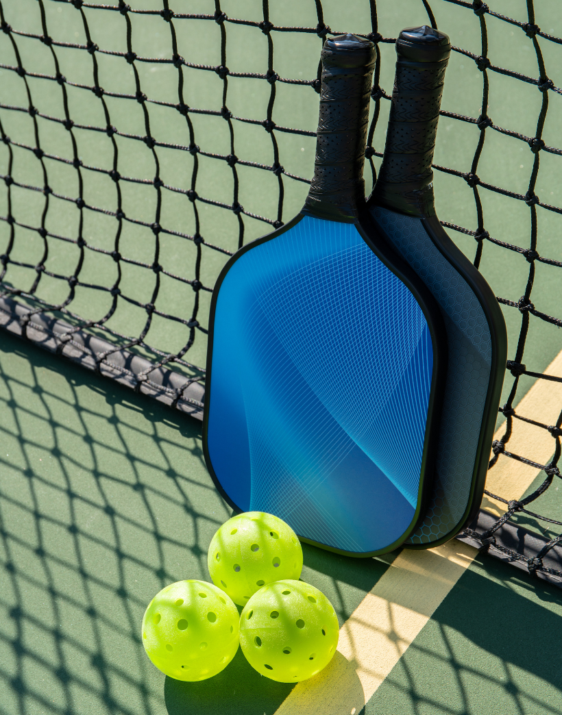 Two blue pickleball paddles next to three green balls on a pickleball court.