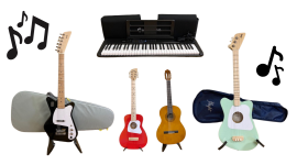 A keyboard, ukulele, and guitars. Music notes are in the background. 