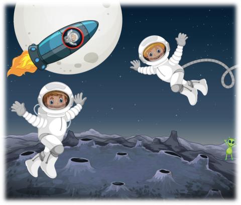 Drawing of two astronauts and a rocket floating above a planet with craters. 