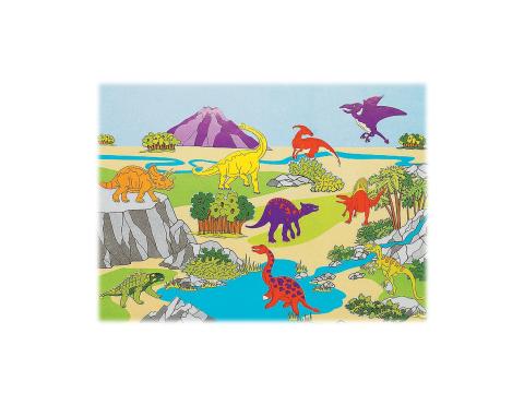 colorful prehistoric sticker scene of nine dinosaurs, water, trees, and rocks