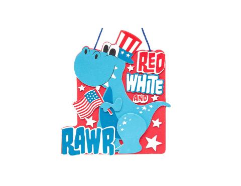 blue dinosaur wearing red, white and blue hat, flag, on red background with white stars. The word RAWR is spelled out on the sign.