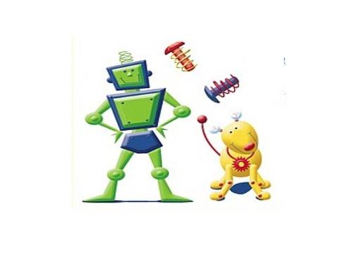 green and blue robot with a yellow and red robot dog
