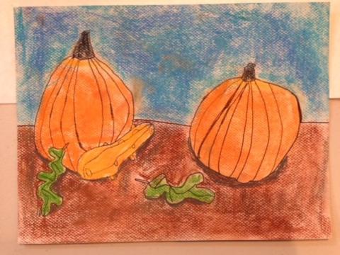 Still life picture featuring pumpkins drawn with soft pastels. 