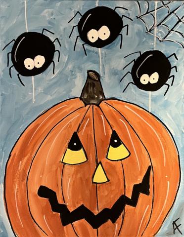 Pumpkins and three spiders painted on canvas. 