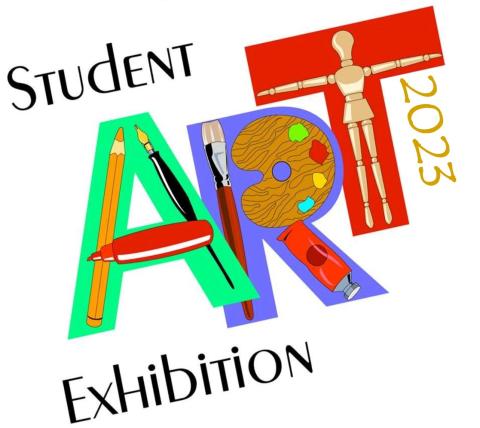 Student art exhibition 2023. The A is made of a pencil, marker and brush. The R is made with a paint palette, tube of paint and brush. The T is made with a wooden figure posed as the letter. 