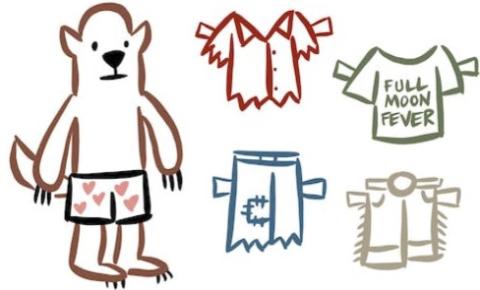 Cartoon drawing of a wolfman with paper doll clothes. 