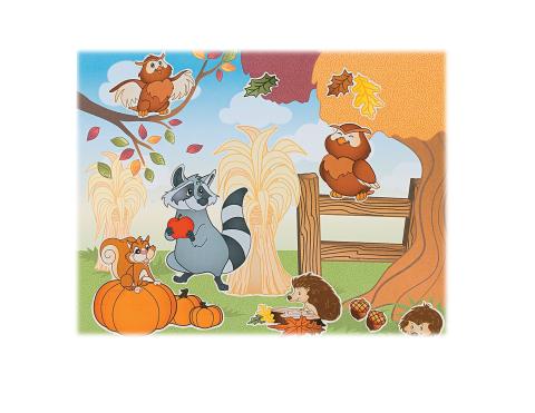fall farm scene of woodland animals - owl in tree, owl on fence, racoon holding an apple, squirrel sitting on pumpkin, hedgehogs sitting by leaves and acorns