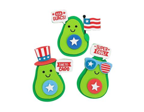 3 avocados decorated in red, white and blue patriotic wear
