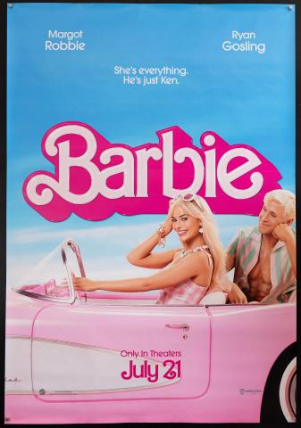 Woman as Barbie driving a pink convertible with man as Ken in the back seat. 