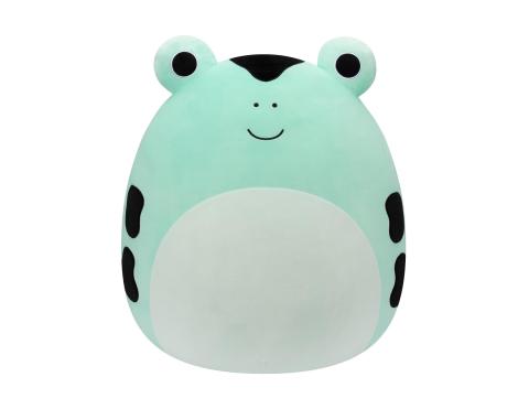 smiling blue poison dart frog stuff animal with a white belly and black spots