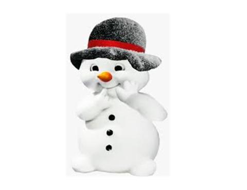 smiling snowman with black eyes, carrot nose, 3 buttons on his body, and a black hat with red stripe
