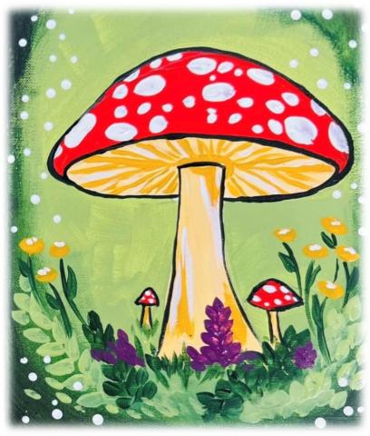 A painted toadstool with a red cap dotted with white. The stem is yellowish. The background is in shades of green with little flowers. 