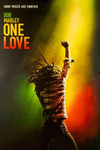 Picture of a man with  on stage with his fist raised. Text reads: Bob Marley: One Love