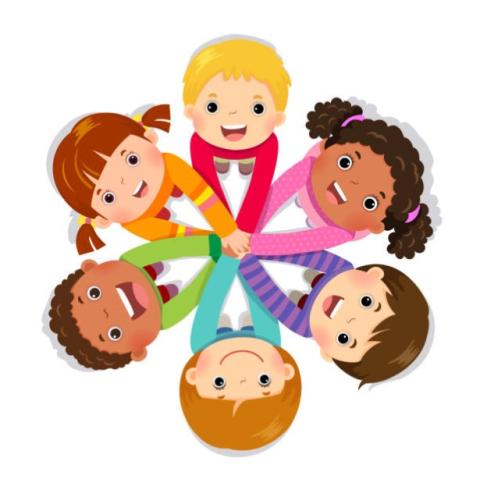 SIX COLORFUL KIDS HOLDING HANDS IN A CIRCLE