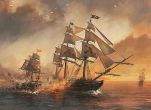TWO PIRATE SHIPS IN BATTLE AT SEA