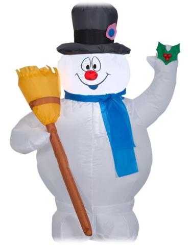 INFLATABLE FROSTY THE SNOWMAN WITH BLACK HAT, BLUE SCARF, AND BROOM