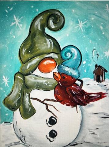 Snowman with green stocking cap on holding red bird with blue stocking hat. 