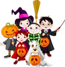 6 kids dressed up for Halloween: witch in a purple hat, Harry Potter with a wand and orange pumpkin, ghost with orange pumpkin, little red riding hood, skeleton and a pumpkin