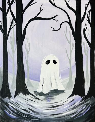 Ghost walking in the woods. Trees have no leaves on them.