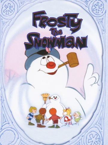 Frosty the snowman with 6 kids standing around him and a larger Frosty behind them. 