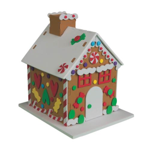 Gingerbread house made out of foam pieces.