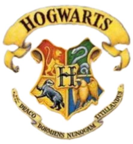 Hogwarts shield with the four school's mascots. Hogwarts banner above the shield. 