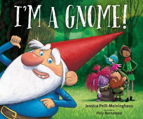 Gnome with a red cone hat in a forest with fairy tale characters behind him.