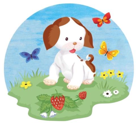 A white puppy with a brown tail, spots and ears sitting in green grass surrounded by flowers and butterflies. 