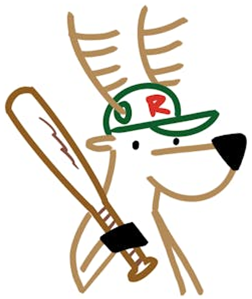 Brown reindeer holding a brown bat and wearing a green hat with a red letter R.