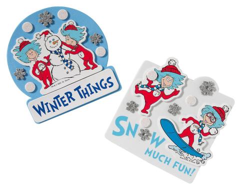 TWO DIFFERENT FOAM CRAFTS WITH DR. SEUSS'S THING ONE AND THING TWO WEARING RED, BUILDING A SNOWMAN, THROWING SNOWBALLS, OR SNOWBOARDING ON A BLUE BOARD