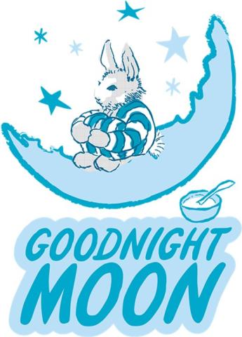 Bunny in blue and white striped pajamas sitting on a crescent moon. Goodnight Moon appears underneath. 