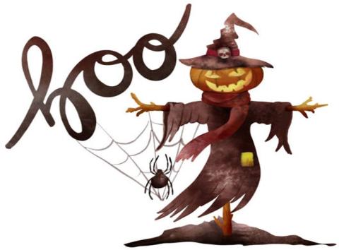 Brown scarecrow next to a spider on a spiderweb and the words boo. 