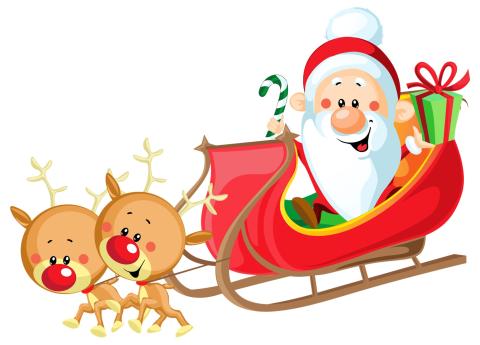 Santa flying in a red sleigh pulled by two reindeer with big, round heads. 