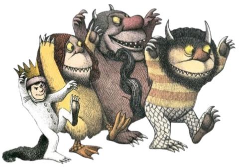 A boy in a white wolf suit wearing a crown and three colorful monsters are walking with their arms raised in a threatening manner. 