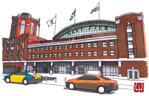 Drawing of a children's museum with cars in front of it. 