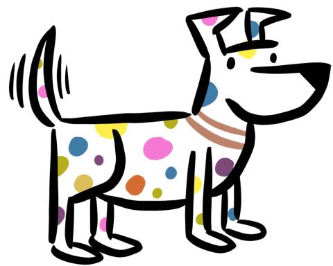 Line drawing in black of a white dog with multicolored spots.