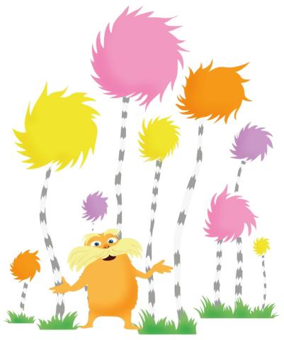 The Lorax standing among 9 different color Truffula trees.