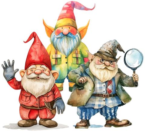 Three gnomes: one dressed in red, one dressed in rainbow colors, and one dressed in gray and blue holding a magnifying glass.