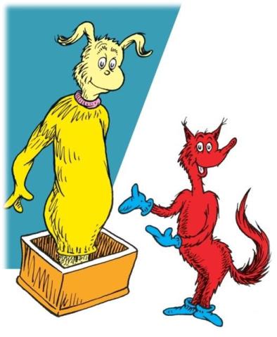 Yellow Dr. Seuss character in a box and red fox with blue gloves and blue slippers outside of the box. 