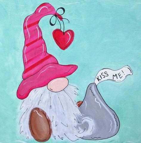 Gnome with pink striped hat and hat hanging off the tip. Silver wrapped chocolate kiss with Kiss Me tag. 