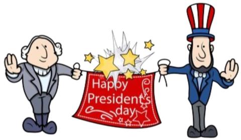 Cartoon President Washington and cartoon President Lincoln holding a banner that says Happy President's Day.