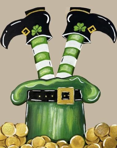 Two legs sticking out of a green leprechaun hat with a gold buckle. The legs have stripped stockings with black shoes. 