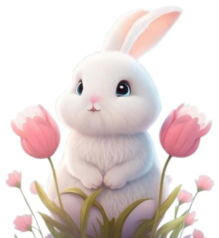 White bunny sitting between pink tulips.